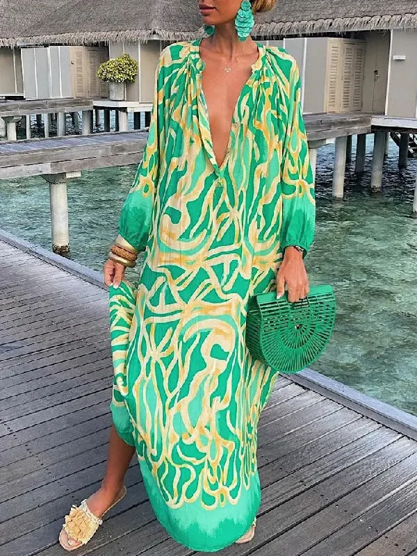 Deep V Neck Long Sleeve Color Blend Maxi Dress Elegant Pleated Maxi Dress