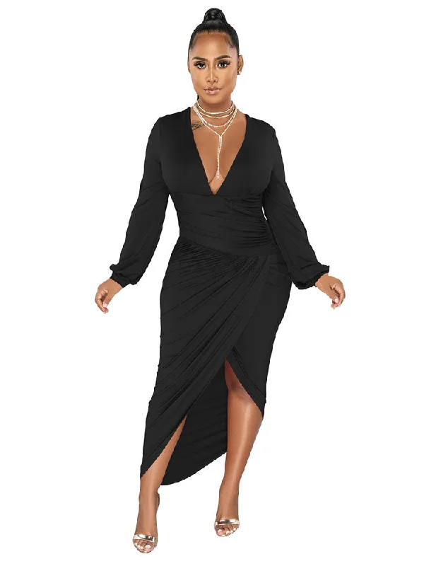 Deep V Neck Long Sleeve Ruched Split Maxi Dresses Comfortable Casual Maxi Dress