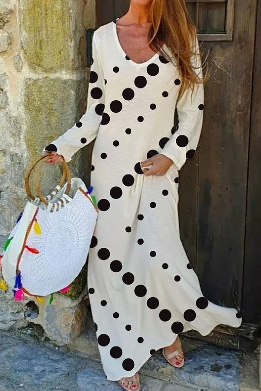 Dot V Neck Long Sleeve Maxi Dress Comfortable Pleated Maxi Dress