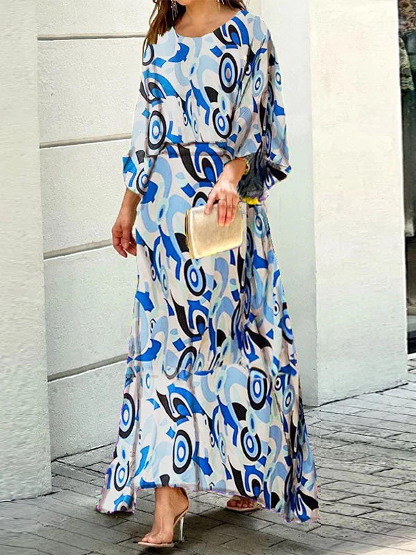 Elegant Round Neck Print Loose Maxi Dress Cozy Ruffle Sleeve Maxi Dress