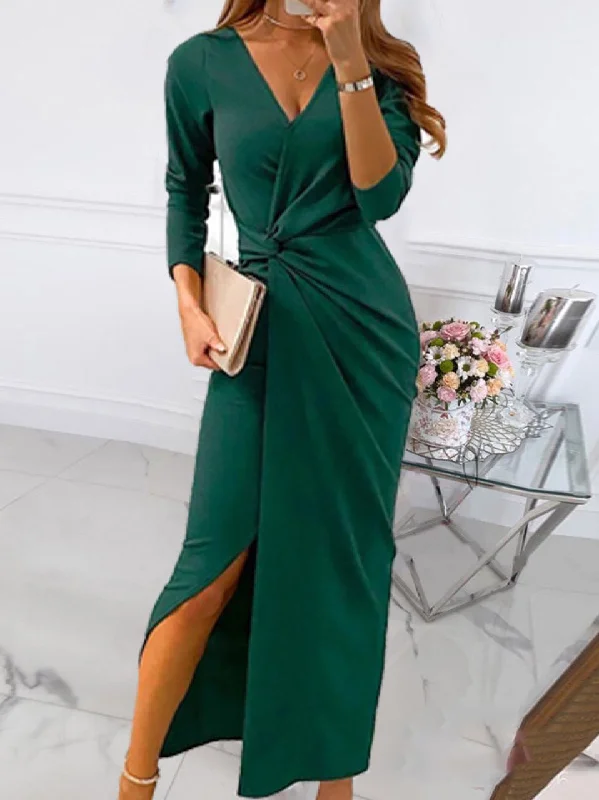 Elegant V-Neck Wrap Long Sleeve Solid Maxi Dress Comfortable T-Shirt Maxi Dress