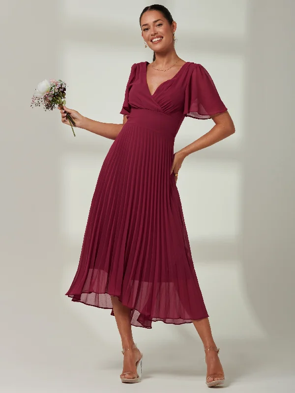 Elene Pleated High Low Chiffon Maxi Dress, Raspberry Stylish Longline Maxi Dress