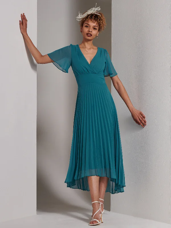 Elene Pleated High Low Chiffon Maxi Dress, Teal Elegant Lace Maxi Dress