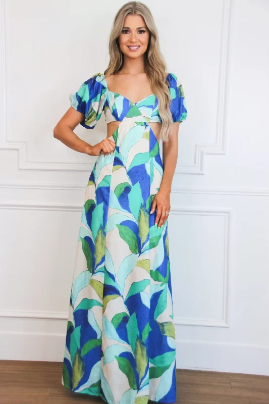 Eyes on Paradise Cutout Floral Maxi Dress: Blue Multi Cozy Ribbed Maxi Dress