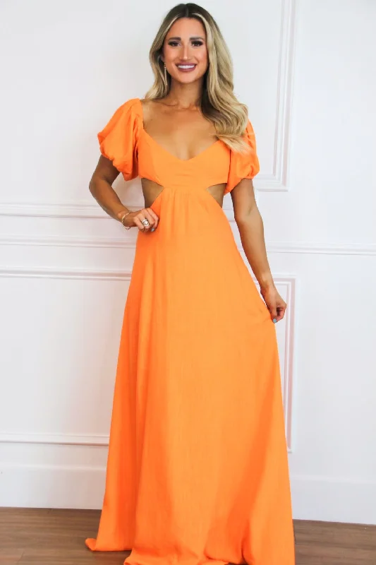 Eyes on Paradise Cutout Maxi Dress: Orange SOLID Trendy Fit-and-Flare Maxi Dress