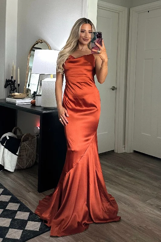 Ezra Cowl Back Satin Maxi Dress: Rust Cozy Open-Back Maxi Dress