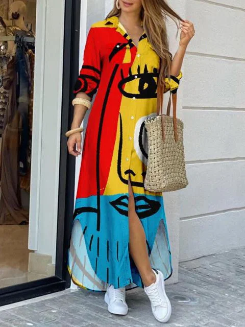 Face Print Side Split Color Block Button Up Maxi Dress Trendy Maxi Dress with Lace