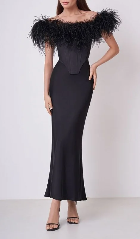 FEATHER OFF SHOULDER MERMAID MAXI DRESS BLACK Cozy Wrap Maxi Dress