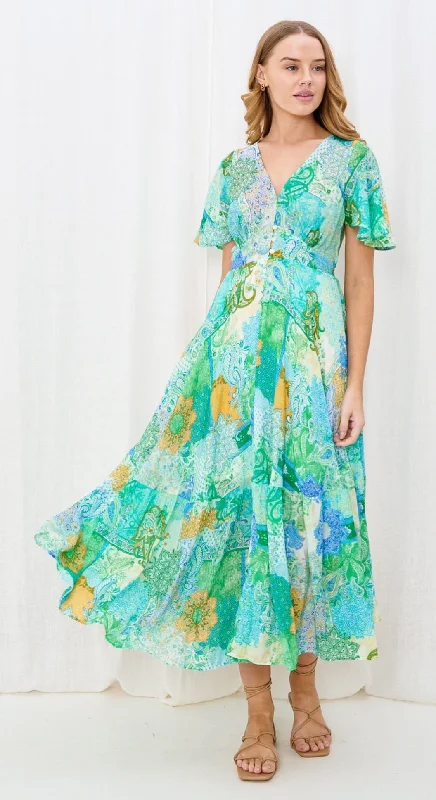 Felicity Turquoise, Green and Marigold Maxi Dress Trendy Floral Print Maxi Dress