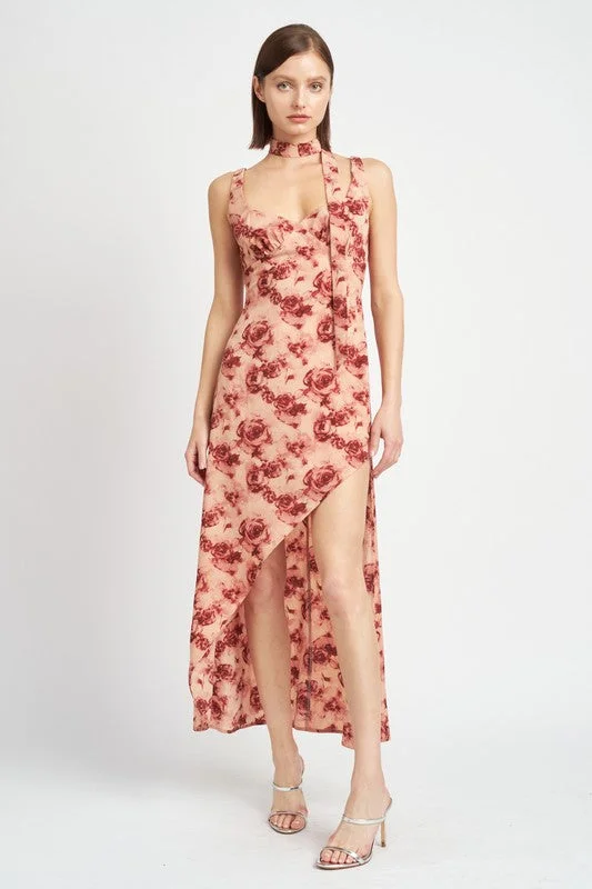 FLORAL ASYMMETRICAL MAXI DRESS Classic Solid Maxi Dress