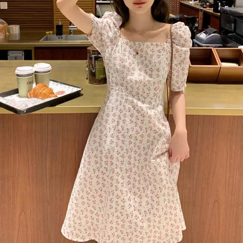Floral Print Dress Women Party Long Dresses Puff Short Sleeve Elegant Sexy Club Dress Sweet Ladies Chic Maxi Dresses Classic Tulle Maxi Dress