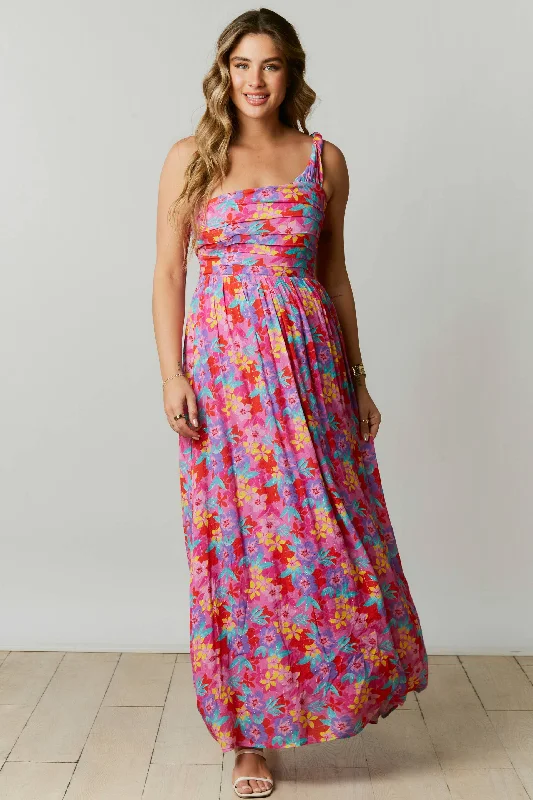 FLORAL PRINT ONE SHOULDER MAXI DRESS Fashionable Sheer Maxi Dress