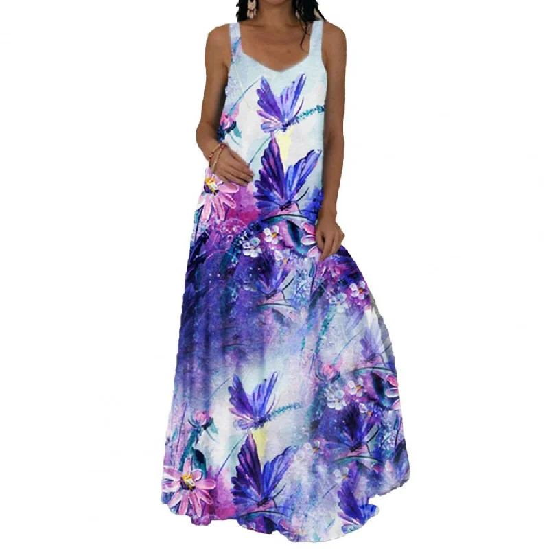 Floral Print Sleeveless Maxi Dress for Women Loose Beach Dress Sexy Sleeveless Dress Large Hem A-Line Dress vestidos de fiesta Trendy Floral Print Maxi Dress