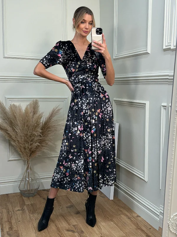 Floral Print Velvet Maxi Dress, Black Butterfly Trendy V-Neck Maxi Dress