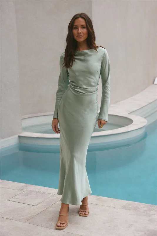 Forget Me Not Satin Maxi Dress Sage Elegant Pleated Maxi Dress