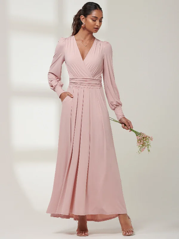 Giulia Long Sleeve Maxi Dress, Dusty Pink Comfortable Fit-and-Flare Maxi Dress