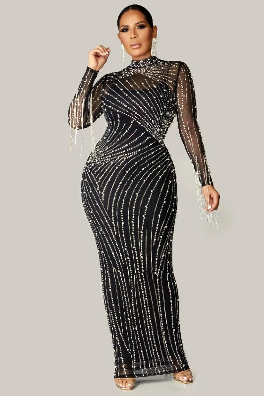 Goddess Mesh Rhinestones Gala Maxi Dress Stylish Empire Waist Maxi Dress