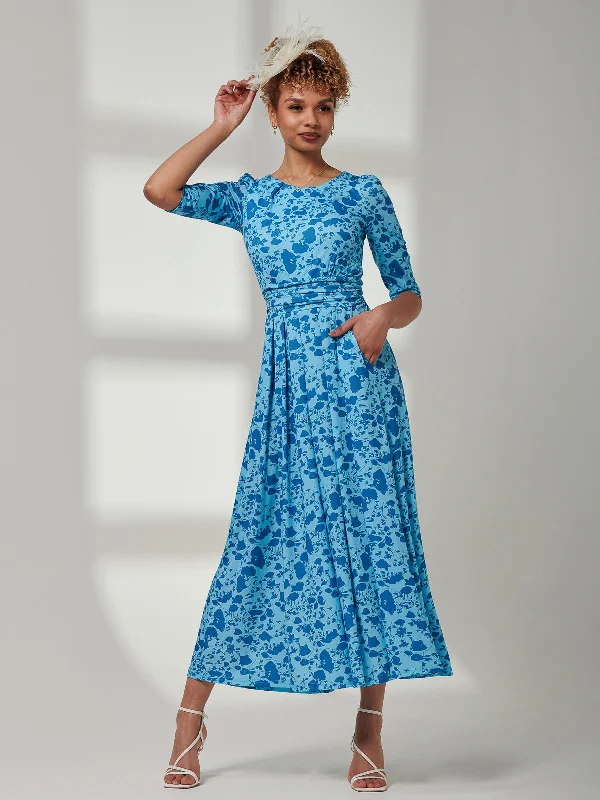 Goldie 3/4 Sleeve Jersey Maxi Dress, Blue Floral Comfortable Bohemian Maxi Dress