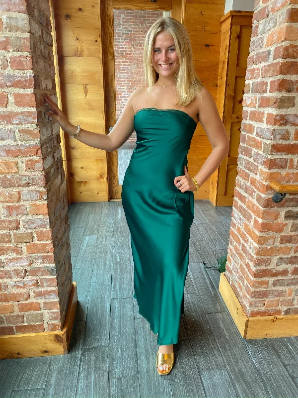 GREEN STRAPLESS SATIN BIAS CUT MAXI DRESS Cozy Open-Back Maxi Dress