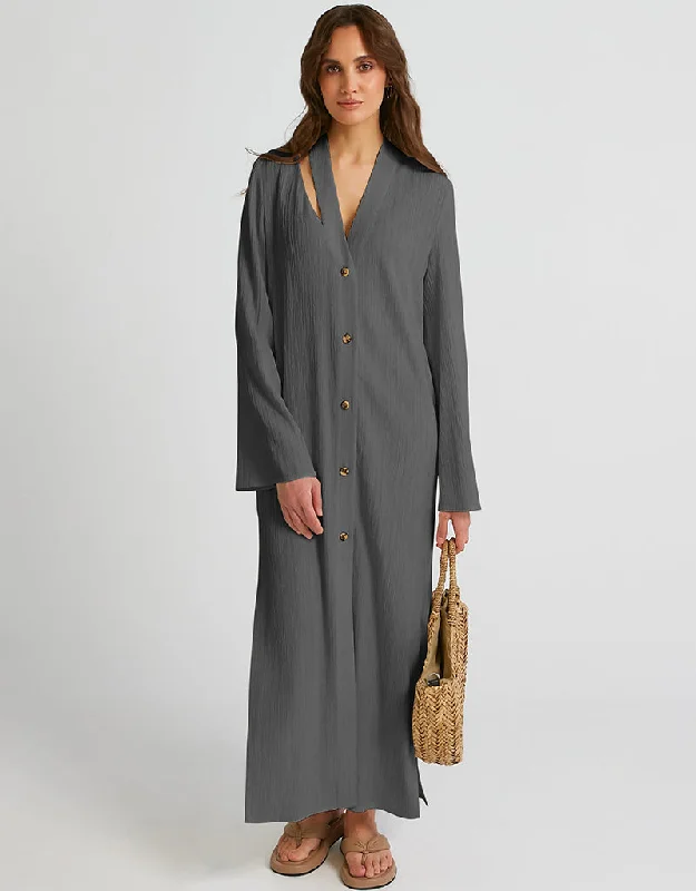 Grey Heavy Designer Heavy Fancy Maxi Dress Chic Button-Up Maxi Dress