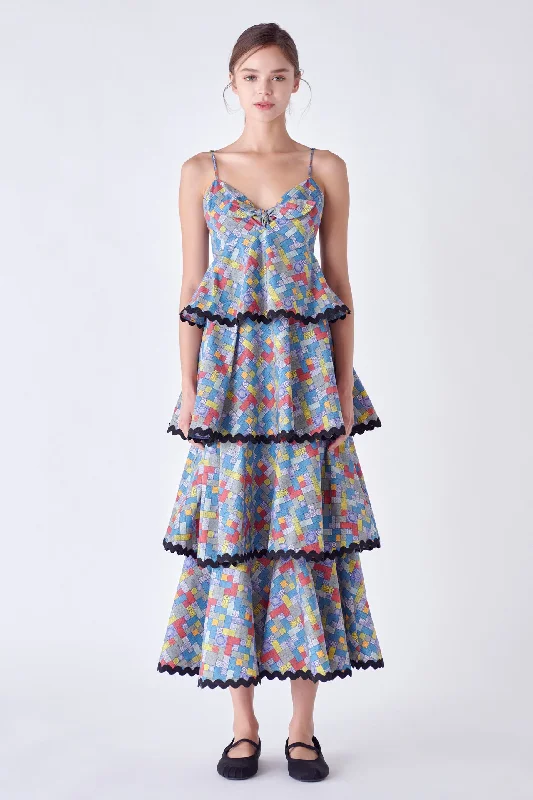 Grid Print Tiered Maxi Dress with Ric Rac Trim Comfortable Flowy Maxi Dress