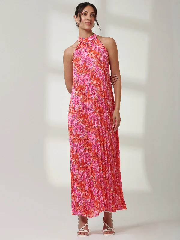 Halter Neck Pleated Maxi Dress, Pink Multi Trendy Printed Maxi Dress