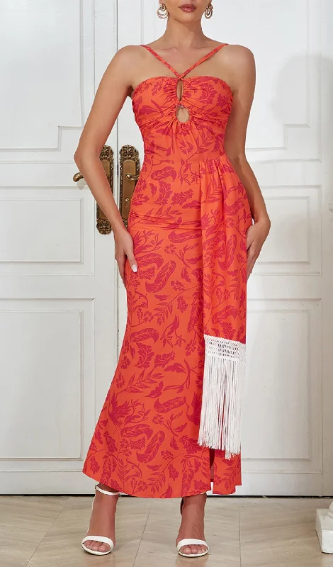 HALTERNECK BACKLESS FLORAL MAXI DRESS Comfortable Maxi Dress with Belt