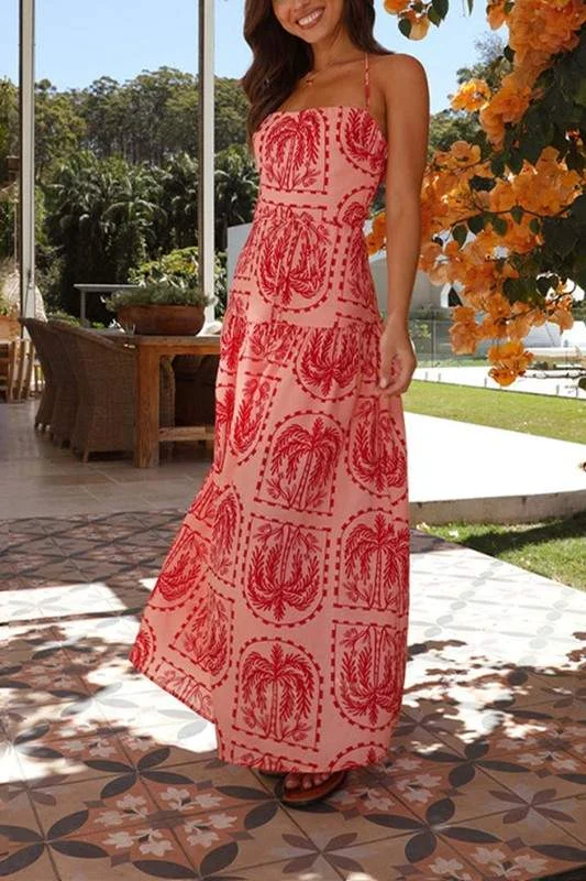 HALTERNECK PRINTED MAXI DRESS Trendy Maxi Dress with Lace