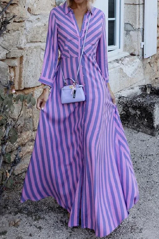 Hard To Catch Stripe Print Shirt Maxi Dress Comfortable Long-Sleeve Maxi Dress