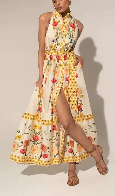 HIGH COLLAR SLEEVELESS LOOSE LACE FLORAL MAXI DRESS Elegant Pleated Maxi Dress
