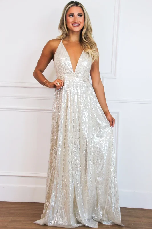 Hollywood Glam Sequin Maxi Dress: Nude/Silver Champagne Fashionable High-Low Maxi Dress