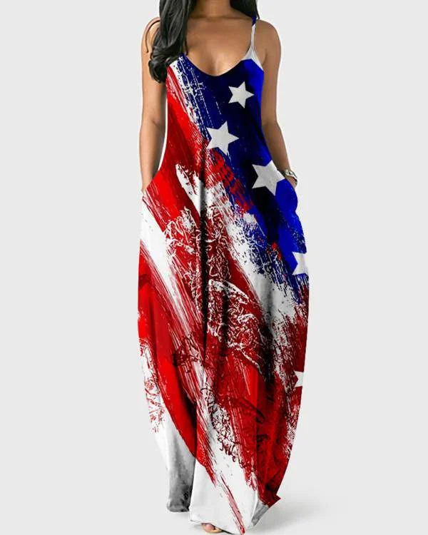 Independence Day Print Sling Maxi Dress Fashionable Open-Back Maxi Dress