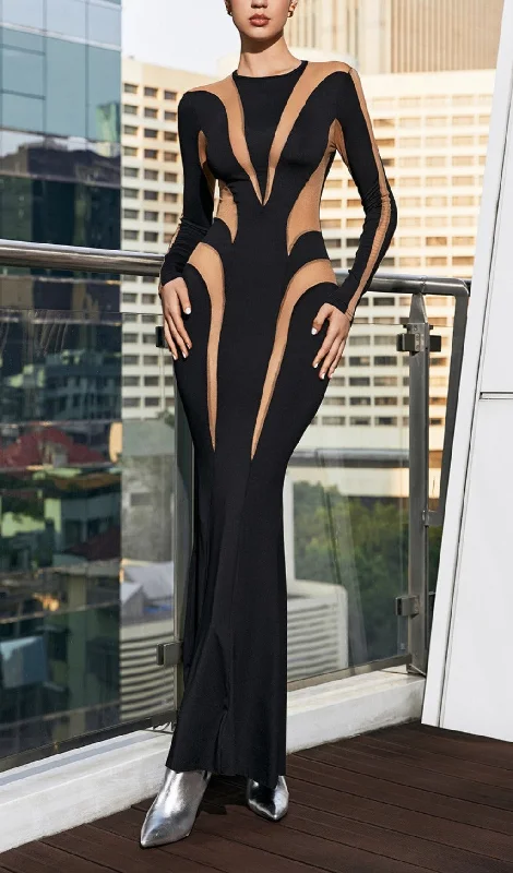 LONG SLEEVE MESH BODYCON MAXI DRESS IN BLACK Fashionable High-Waist Maxi Dress