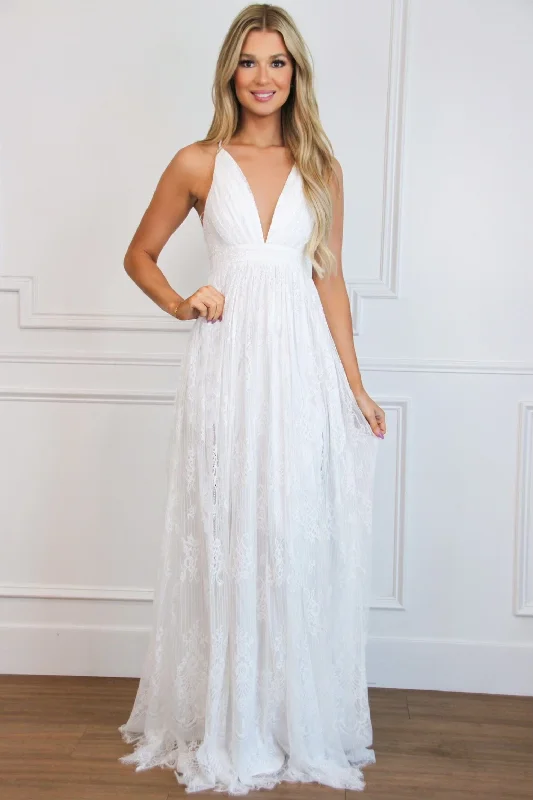 Just Like Heaven Lace Maxi Dress: WHITE Elegant Pleated Maxi Dress