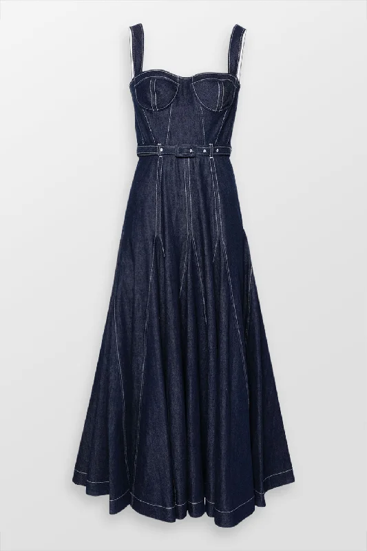 Keya Corsetted Denim Maxi Dress Stylish Pleated A-Line Maxi Dress