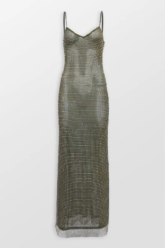 Khaki Rhinestone Maxi Dress Fashionable High-Low Maxi Dress