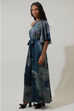Kirby Geometric Meara One Shoulder Satin Maxi Dress Classic Black Maxi Dress