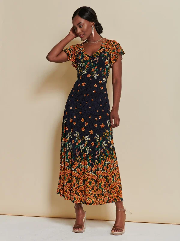 Lace Floral Print Fit & Flare Maxi Dress, Orange Multi Fashionable Sheer Maxi Dress