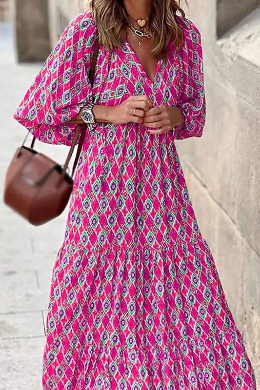 LANTERN SLEEVE PRINT BOHO MAXI DRESS Trendy V-Neck Maxi Dress