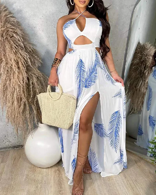 LEAF PRINT CUTOUT HIGH SLIT MAXI DRESS Fashionable Faux Wrap Maxi Dress