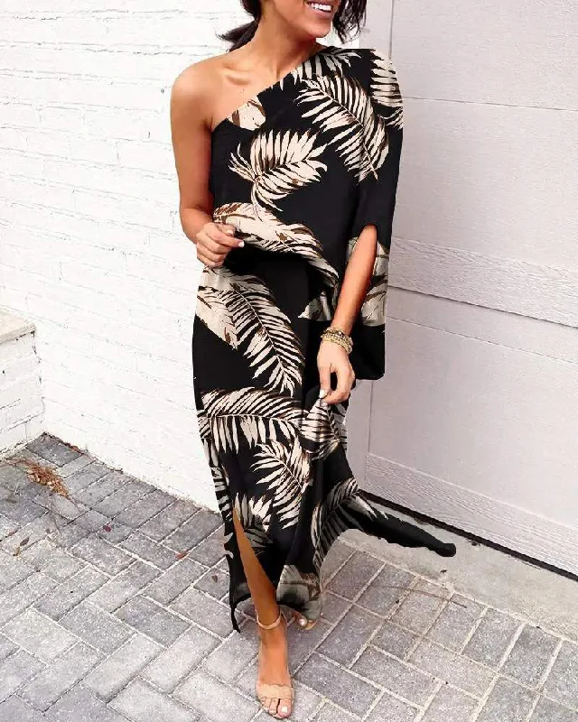 LEAF PRINT ONE SHOULDER SPLIT HEM MAXI DRESS Comfortable T-Shirt Maxi Dress