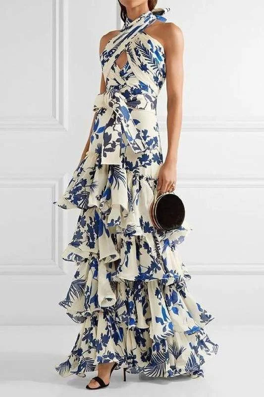 LEAVES PRINT MAXI DRESS Chic Off-Shoulder Maxi Dress