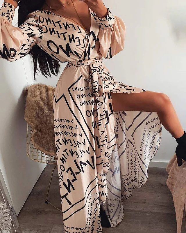 Letter Print Lantern Sleeve High Slit Maxi Dress Comfortable Plunging Neckline Maxi Dress