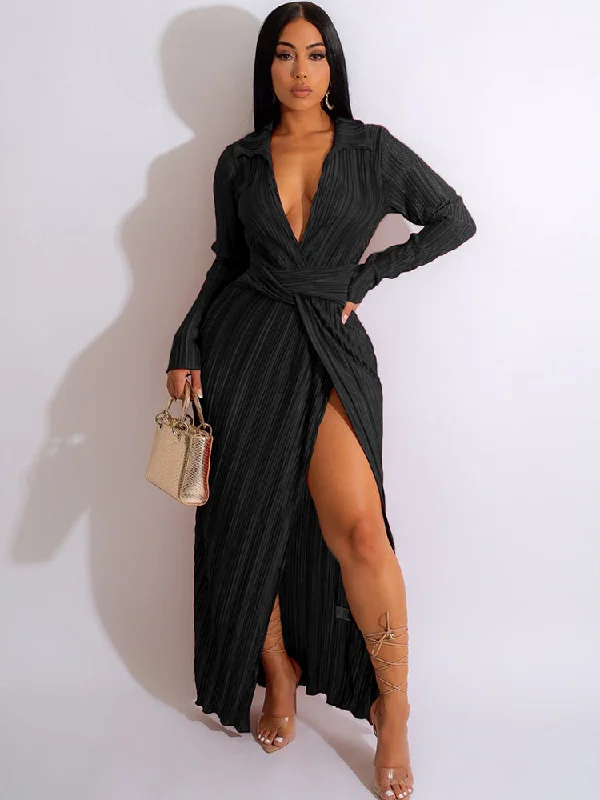 Long Sleeve Collar Pleated Belt Maxi Dresses Stylish Empire Waist Maxi Dress