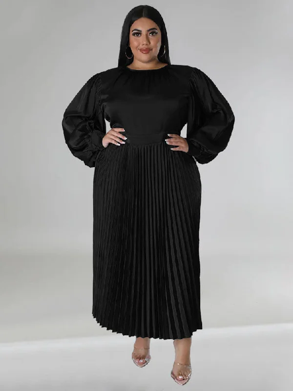 Long Sleeve Pleated Satin Plus Size Maxi Dresses Trendy A-Line Maxi Dress