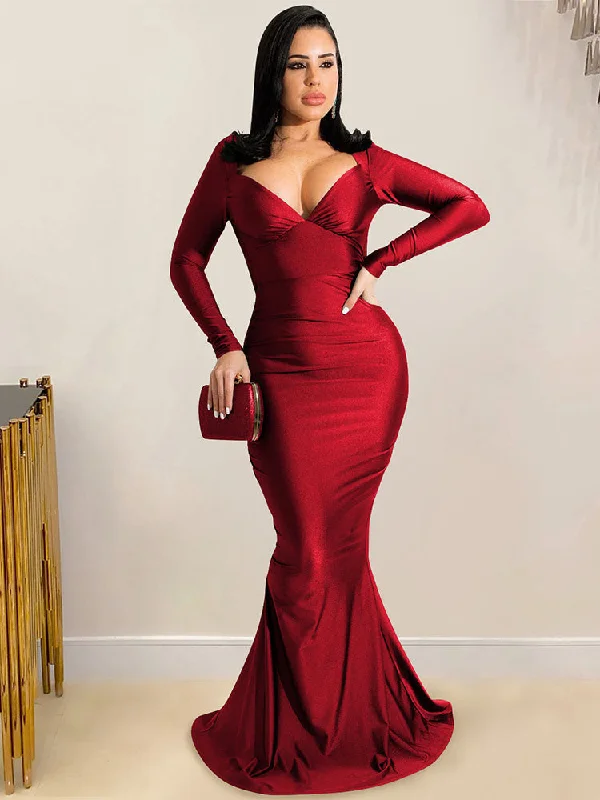 Long Sleeves Backless Fishtail Maxi Dresses Fashionable Faux Wrap Maxi Dress