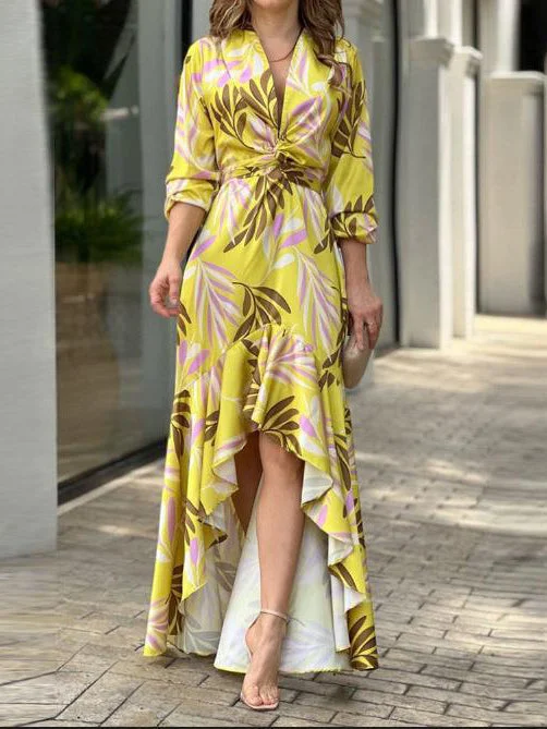 Low High Print V Neck Casual Maxi Dress Classic V-Neck Maxi Dress