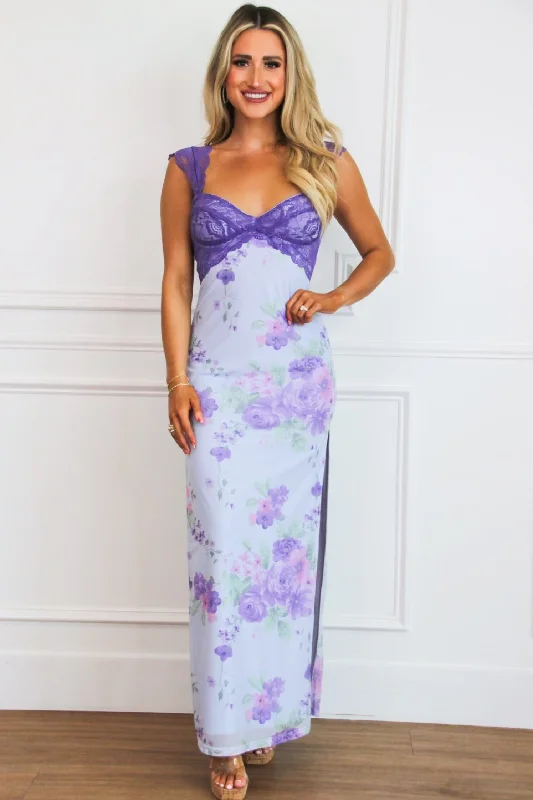 Mavis Floral Lace Maxi Dress: Light Blue/Purple Multi Trendy Satin Maxi Dress