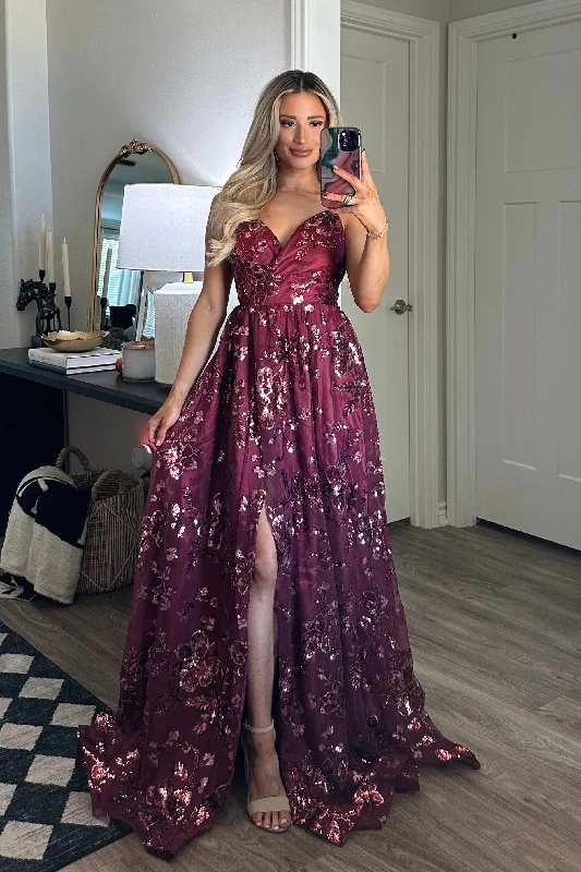 Maya Sequin Open Back Maxi Dress: Burgundy Fashionable Chiffon Maxi Dress