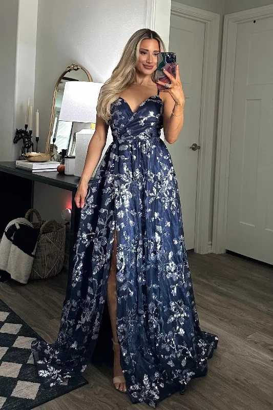 Maya Sequin Open Back Maxi Dress: Navy Elegant Pleated Maxi Dress